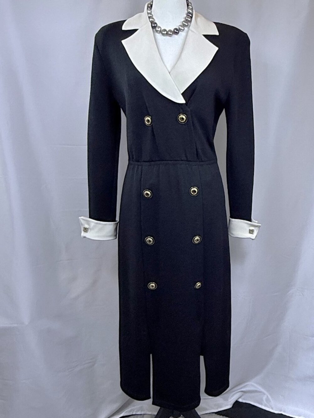 St John Marie Gray Navy Knit Dress 6 Double Breasted Gold Buttons Removable Cuff